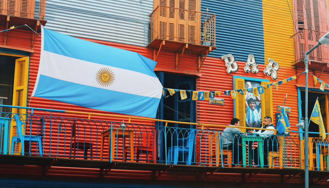 Argentinean terrace with large Argentina flag on wall