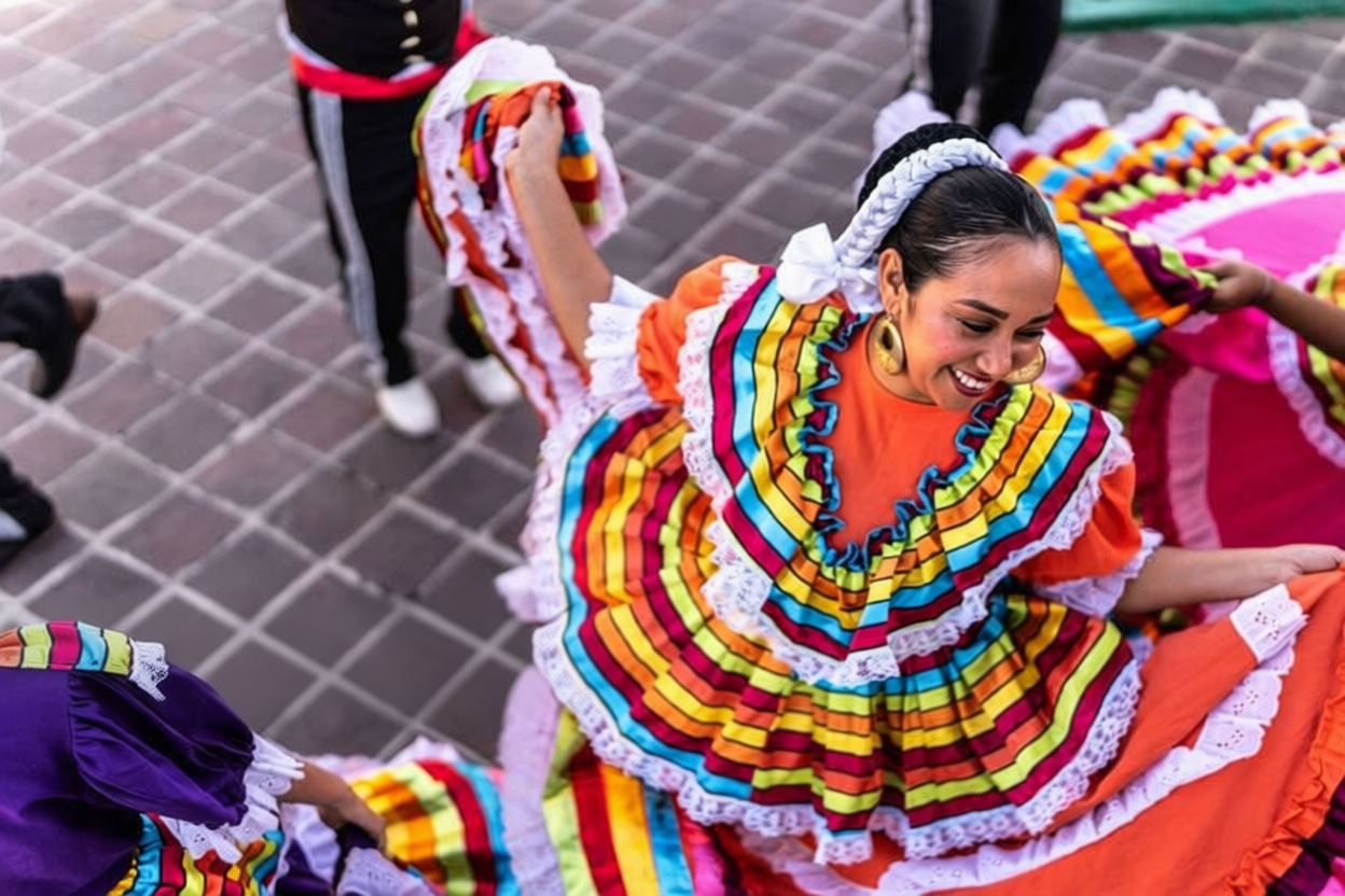 Latin American parade with dancers and marching band